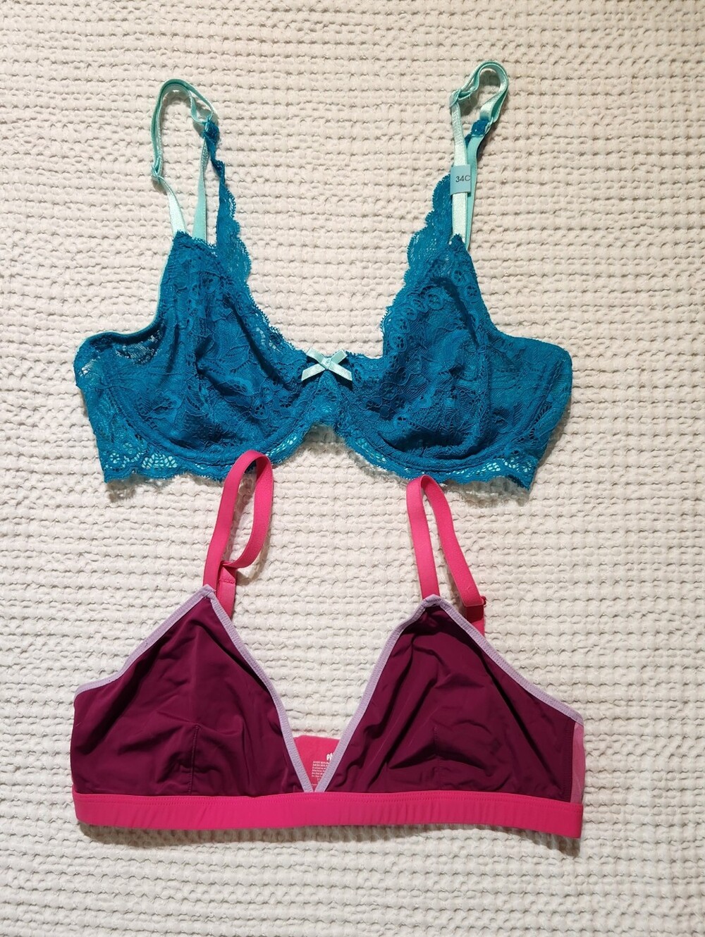 Set Of 2 Teal Lace Underwire Bra & Magenta Bralette